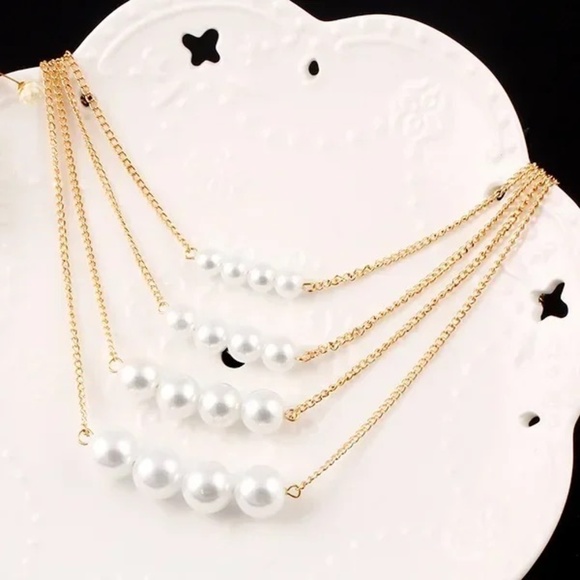 NEW Multilayered Gold Strand Chic Pearl Fashion Necklace - Picture 4 of 5